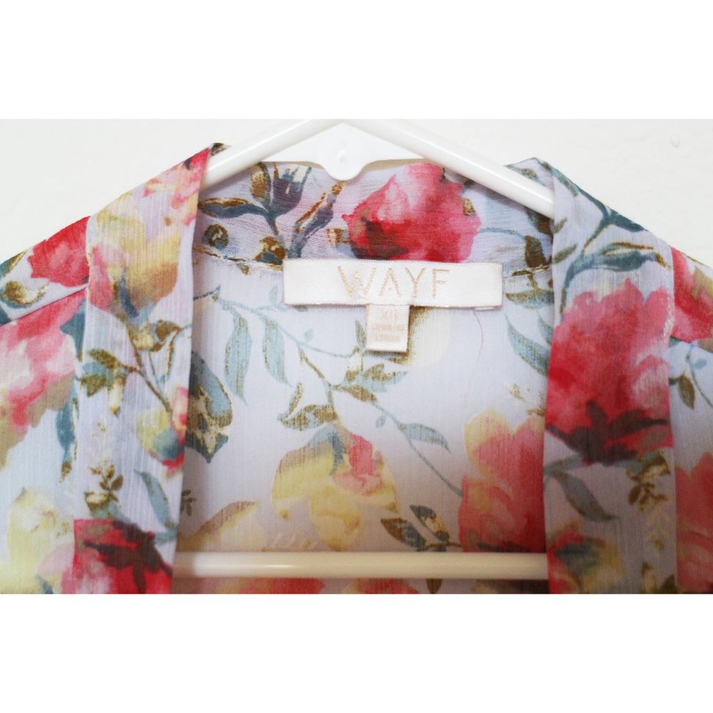 WAYF Blue Floral Short Sleeve Bow Tie Button Down Chiffon Blouse Size XS - Picture 4 of 4